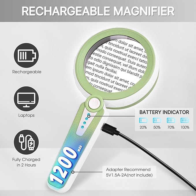 45X Magnifying Glass with Light, 6 Color Modes, 1200mAh Rechargeable, 4.6In Large Handheld Magnifier for Low Vision Seniors, Reading, Hobbies - Green
