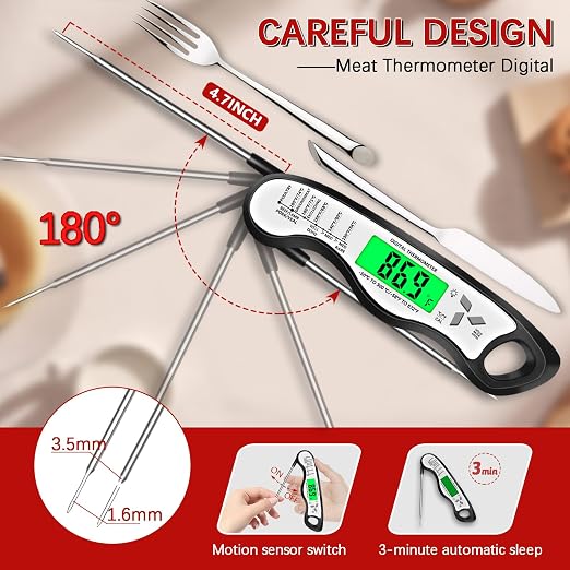 Cooking Thermometer，IP67 Waterproof Meat Thermometer Digital | Backlight，Magnetic attraction，Hold Function，Instant Read，LED screen，for Cooking,Outdoor Grilling