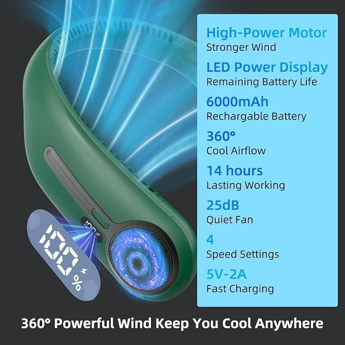Portable Neck Fan, Personal Wearable Bladeless Fan, 6000mAh USB Rechargeable, 360° Airflow, LED Display, 4-Speeds, Hands Free Fan for Outdoor Indoor, Birthday Gifts for Men Women Dad Mom (Dark green)