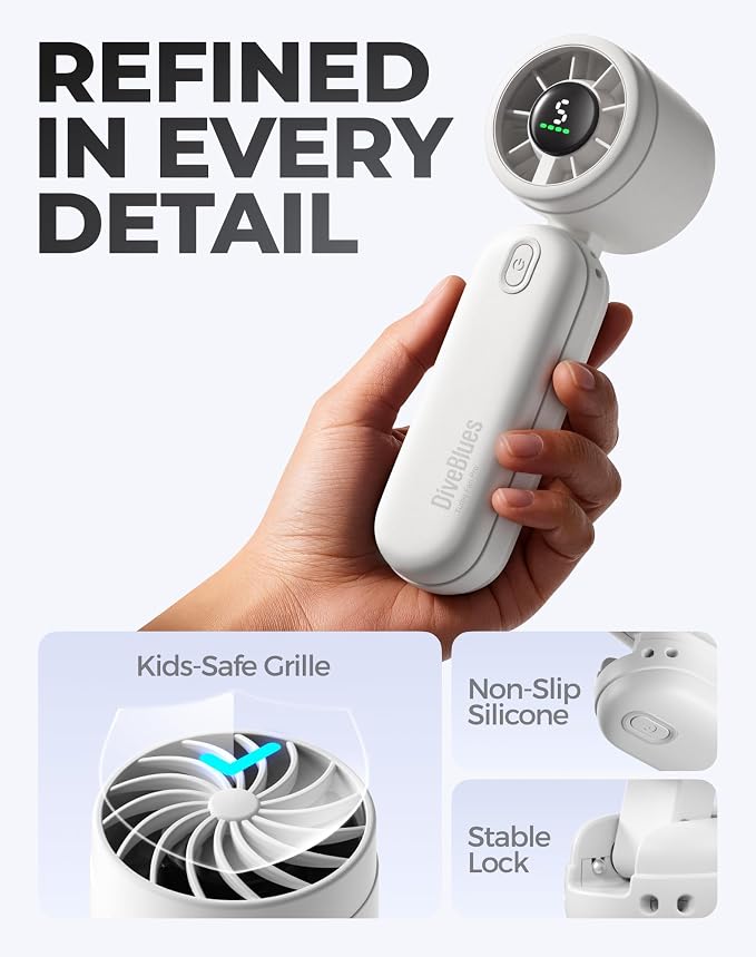 Diveblues Mini Portable Handheld Turbo Fan 27ft/s, 4000mAh Battery | 12H Max Cooling, 5 Speeds, LED Display, Quiet Motor, 3-in-1 Handheld/Neck/Desk Fan for Travel, Cruise & Disney Essentials