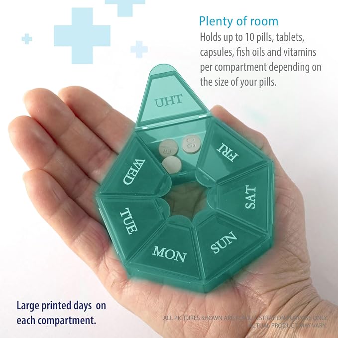 Deke Home - Small Weekly Pill Organizer, Round Pill Dispenser for Travel, Mini Pill Organizer, Compact Medicine Holder, Pill Sorters 7 Days, Portable Vitamin Container, BPA Free (Food Grade)