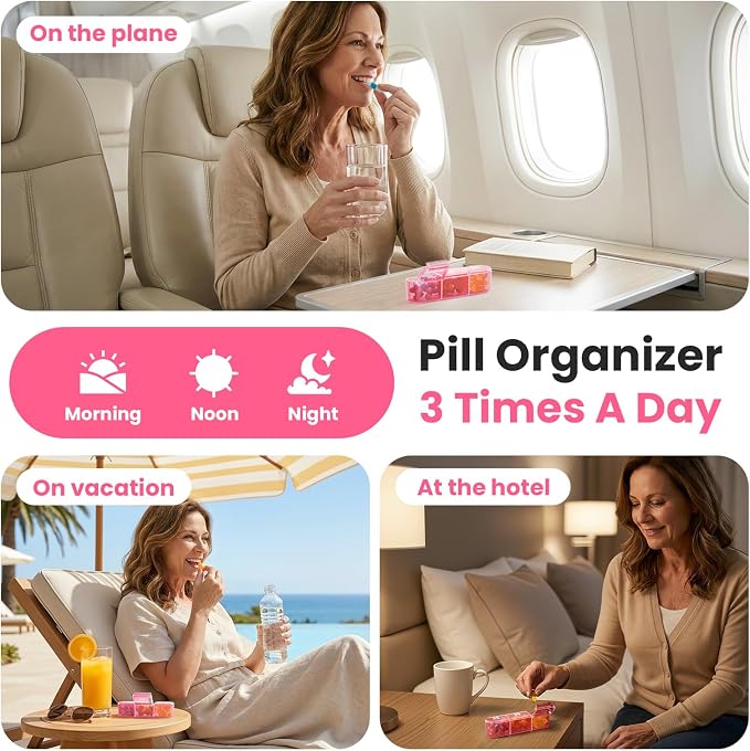 Pill Organizer 3X a Day, Medicine Pill Organizer 7 Day, Weekly Pill Case with 21 Compartments for Medicine, Vitamin and Supplement - Full Pink