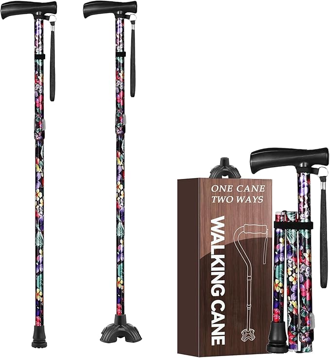 Floral Canes for Women Folding Cane for Stability with Non-Slip Base, Adjustable Walking Cane for Seniors - Lightweight Collapsible Walking Sticks with T & Offset Handle