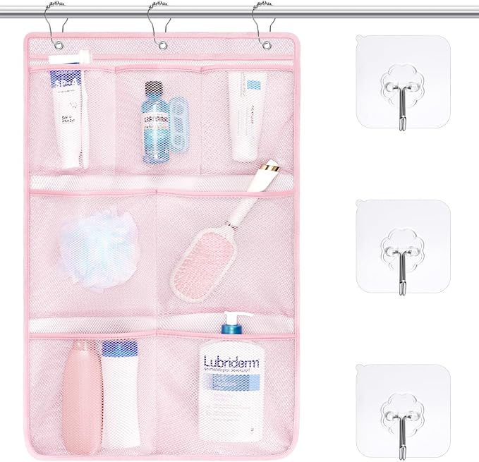 F-color 7-Pocket Mesh Shower Caddy - Hanging Shower Organizer for Cruise | Quick-Dry & See-Through Mesh for Toiletries, Fits Shower Rod Rings or Sticky Hooks for Bathroom & RV, Cruise Essentials 2026