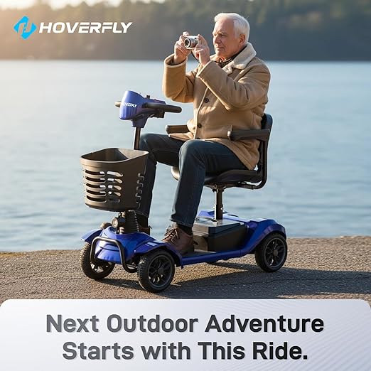 Hoverfly T4 Mobility Scooter for Seniors, Max 12.4-Mile Range & 3.7 mph, 3-Position Seat & Anti-slip Rear Wheel, Removed Battery&Quick Fold Design, Solid 9" Tire&330 lb Capacity, Ease of Assembly Blue