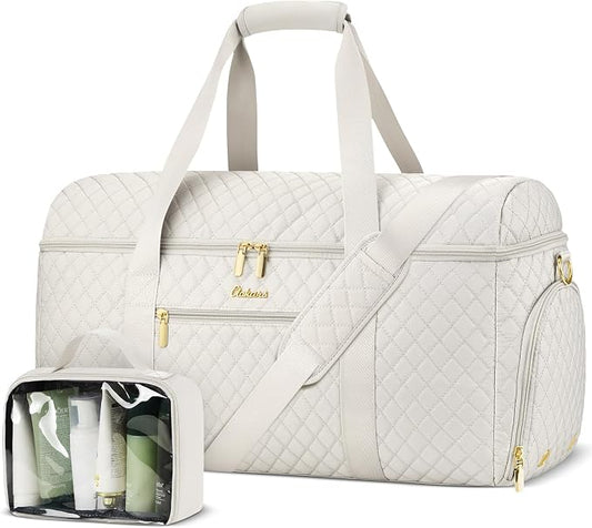 Weekender Bags for Women, Wide Open Large Travel Duffle Bag with Shoe Compartment, Overnight Hospital Bag For Women Labor Delivery, Carry on Bag Personal Item Travel Bag with Wet Pocket (Beige)