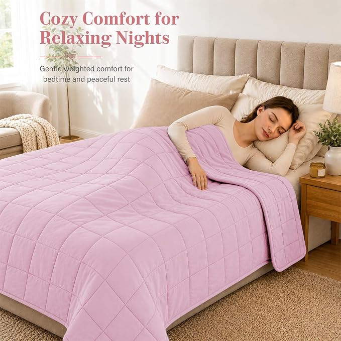 L'AGRATY Weighted Blanket for Adults 15lbs, 48"x72", Pink Twin Full Size Heavy Throw Blanket, Cooling, Breathable, Microfiber with Glass Beads, Big, Washable, All-Season