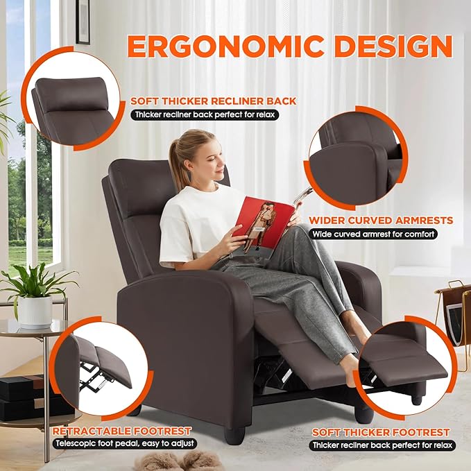 BestMassage Recliner Chair with 2 Point Massage Function | Pu Brown | with Lumbar Support, Adjustable Push Back, Wide Arm & Footrests, Padded Seat | Easy Assembly | for Living Room, Home Theatre