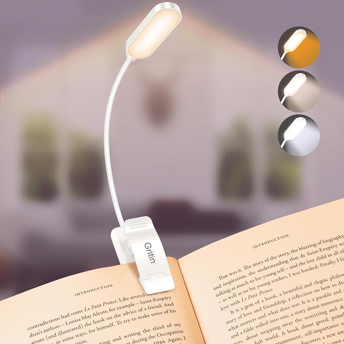Gritin 16 LED Rechargeable Book Light for Reading in Bed | Eye Caring 3 Color Temperatures, Stepless Dimming Brightness, 80 Hrs Runtime, Lightweight Flexible Clip on Light-White