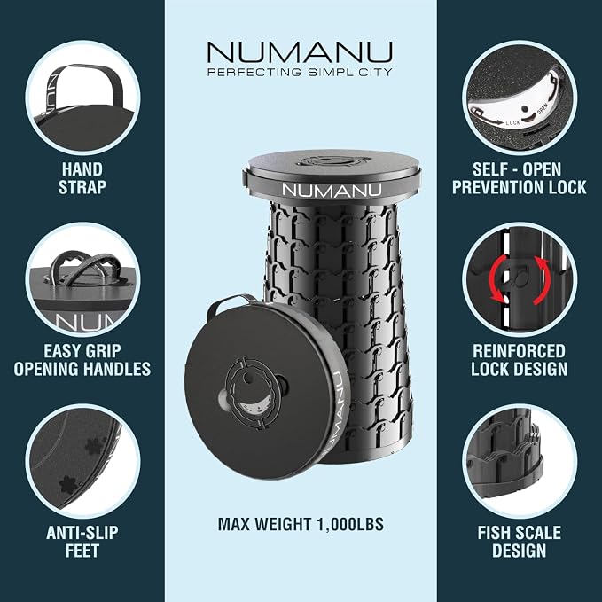 NUMANU XXL Collapsible Stool for Adults, Portable Folding Seat, 1000 lbs | Heavy-duty big & tall stool, telescoping 2.7-19.7in adjustable, retractable, wide 11.8in seat; travel, sports, camping