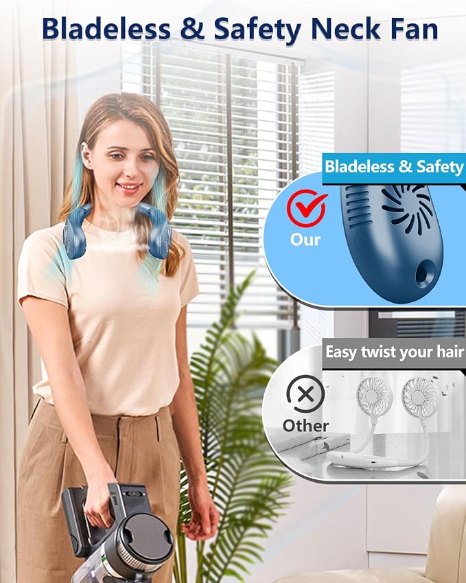 Personal Neck Fans Mister with Water Spray, 4000mAh 4-9H Lasting, Mini Foldable Leafless AC for Neck Face Shoulder, LED Cordless Hanging Wearable Headphone Fan for Kid Adult Worker Hot Weather, Blue