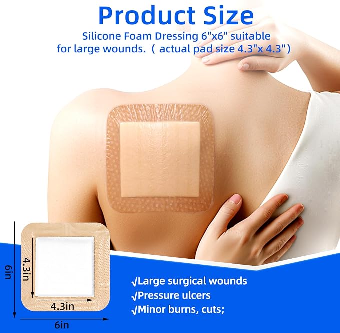 Niceful 10 Count Silicone Foam Dressing 6" x 6" - Large Bandages for Wounds, Wound Dressing Waterproof Silicone Bandages for Bedsores, Diabetic Foot Ulcers, I-II Degree Burns