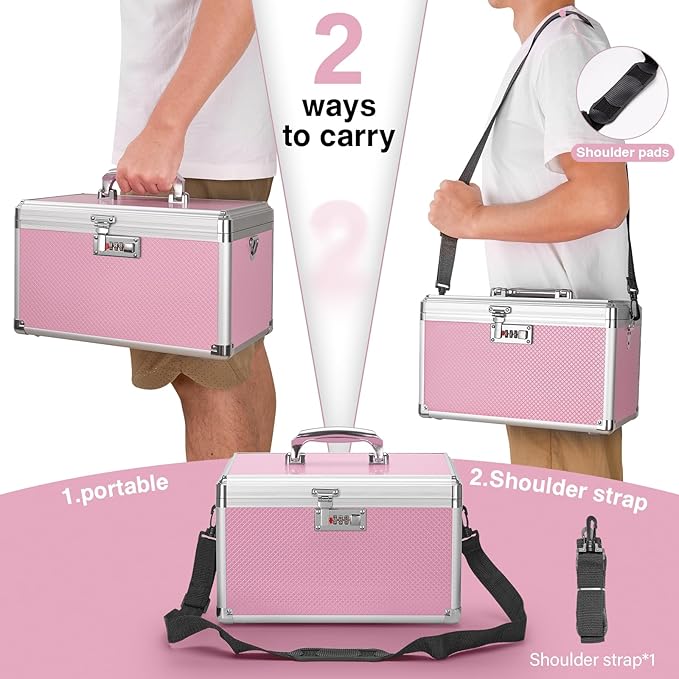 Medicine Lock Box with Combination Lock - 10 x 6 x 6.7 Inches - First Aid Safe Medication Storage Box, Personal Items Safe Case for Home and Outdoor - Pink 【No Strap】