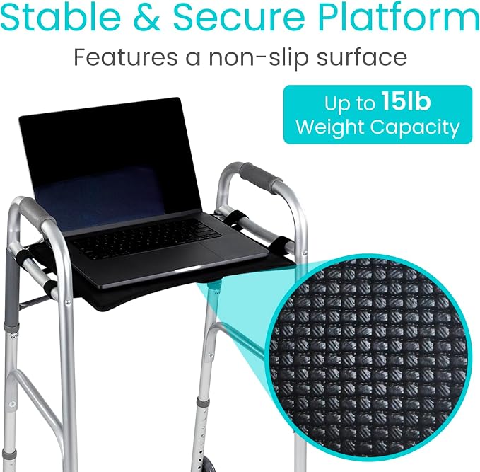 Vive Walker Tray for Folding Walker - (w/Cup Holder) - Adult Mobility | Accessories - Fits Standard Walkers - Medical Table for Seniors Non Slip Mat for Food - Removable & Easy Assembly (Black)