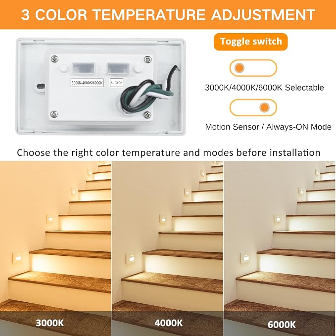 8 Pack 3CCT 120V Motion Sensor Step Lights with Dimmer Switch, White | Hardwired LED Stair Lights Indoor Outdoor, 5%-100% Dimmable, 3000K/4000K/6000K, 5W 500LM, IP65 Waterproof, Aluminum, ETL