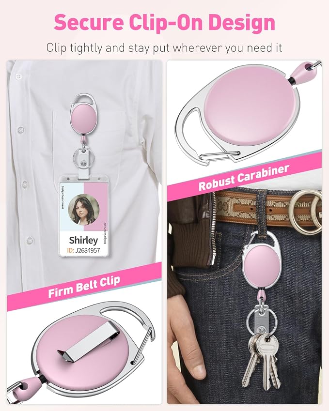 Uniclife 2 Pcs Retractable Badge Reel Keychain Clip for Badge Holder Pink | Heavy Duty, Stainless Steel Spring Coil, 24 Inch Nylon Rope, Carabiner Clip, Key Ring, Badge Holder Clip for Keys and ID Card