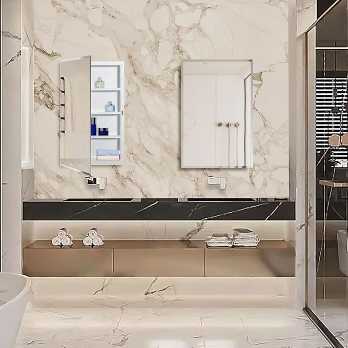 Plastic Medicine Mirror Cabinet for Bathroom 16 x 26 inch, Surface and Recessed Mount