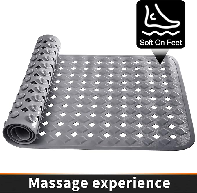 Yimobra Bathtub Mat Non Slip, Super Strong Suction Cups, 27.5"x15.5" Long Shower Mat with Drain Holes, Machine Washable Fast Draining Bath Mats, Bathroom Essentials,Gray
