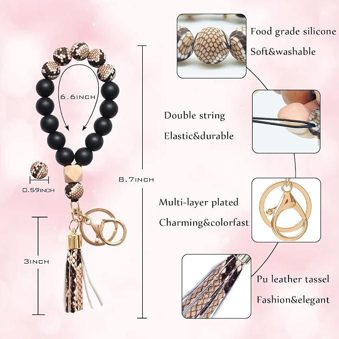 BAOSIWA Silicone Key Ring Bracelet Wristlet Keychain Unique Beaded Bangle Key Chains for Women with Leather Tassel