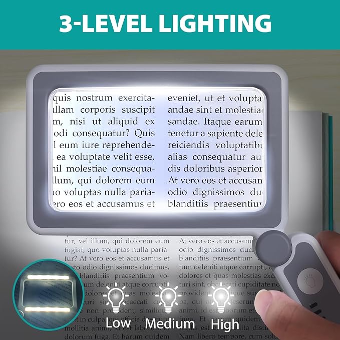 Magnifying Glass Rechargeable 5X with Light,Handheld Magnifying Glass,Close Work Reduce Eye Strain, LED Lighted Rectangle Magnifier for Reading Book Small Print for Seniors Low Vision