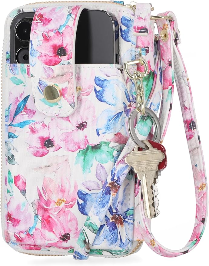 Mundi Jacqui RFID Crossbody Wallet for Women, Vegan Leather Small Travel Handbag with Phone Holder, Compact Organizer with Card Slots and Removable Strap, Vacation Purse in Sweet Floral