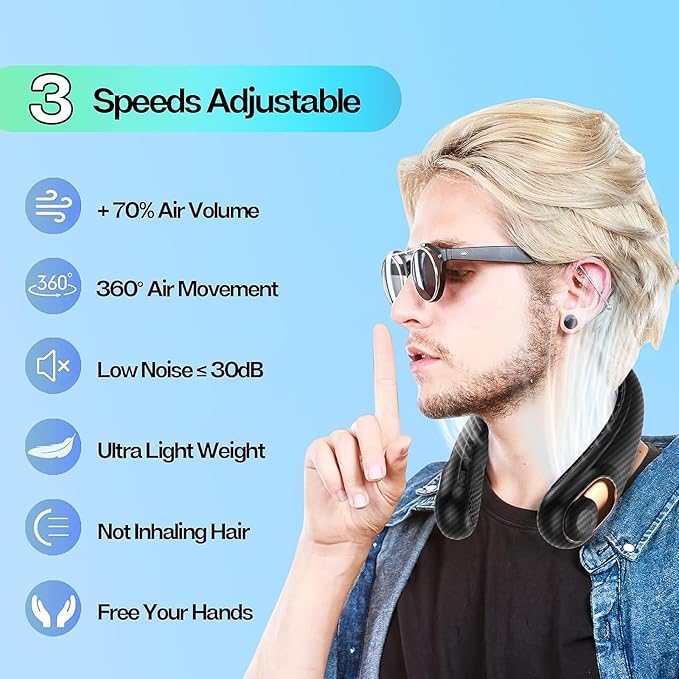 KIDEE Neck Fan Rechargeable, Portable Fan, Upgraded LED Display, 4000 mAh Battery Operated, 3 Speeds Adjustable Personal Wearable Fans for Women Men, Carbon Fiber Black