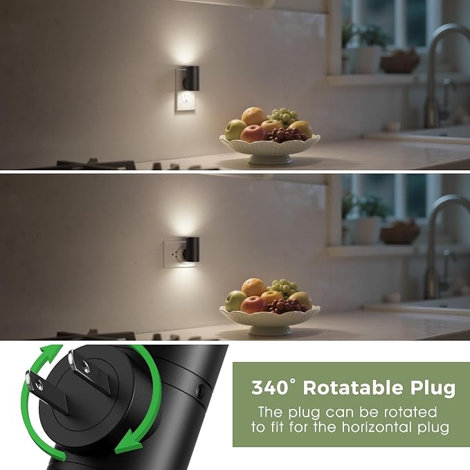 L LOHAS LED Bright Night Lights Plug into Wall,Daylight White,Rotating,Mini | Dimmable Nightlight Plug in, Light Sensor Night Light, LED Nightlights, Hallway Bedroom Bathroom Kitchen,[Black Shade,4 Pack]