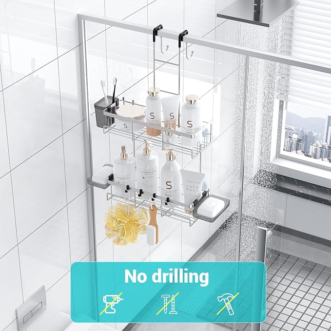 Aitatty Over the Door Hanging Shower Caddy: Rustproof Hanging Organizer over the Door - No Drilling Bathroom Rack for Inside Shower Chrome