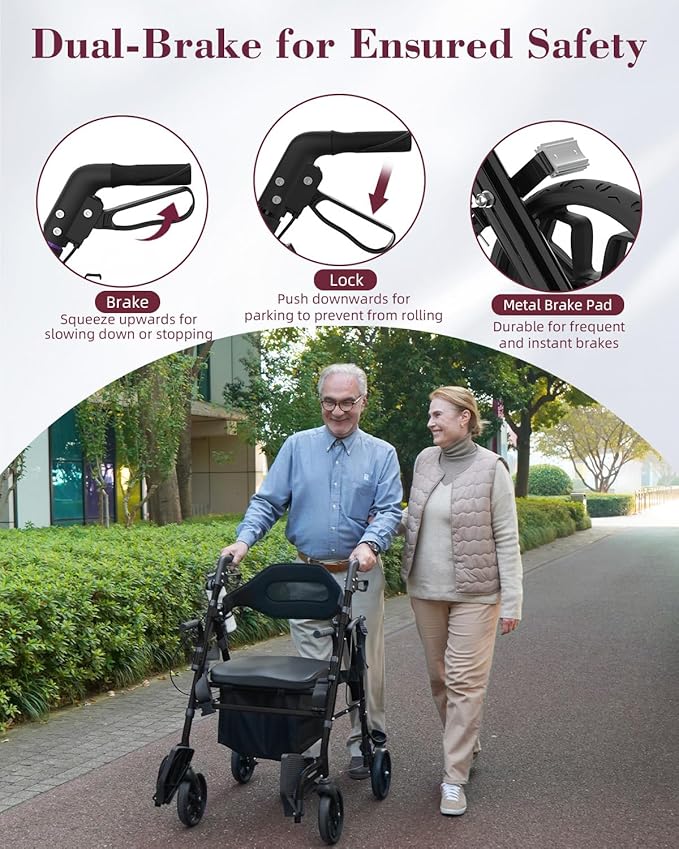 Walkers for Seniors with Seat, 2 in 1 Rollator Walker & Transport Chair with Reversible Backrest & Detachable Footrests, Folding Wheelchair with 8" Anti-Slip PU Wheels, Black