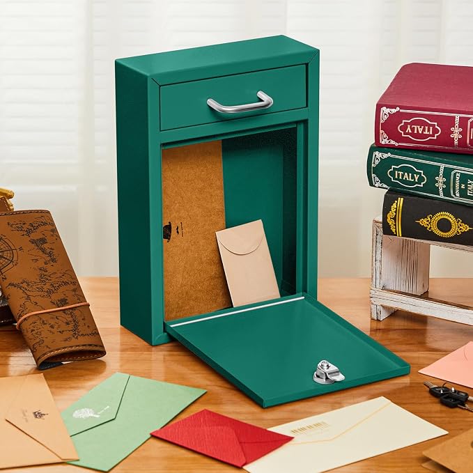 Yaocom Locking Mailbox with Key for Outdoor 12.2 x 8.5 x 3 Inches Large Wall Mount Mail Box with Lock Security Mail Drop Metal Collection Boxes Hanging Secure Postbox(Green)