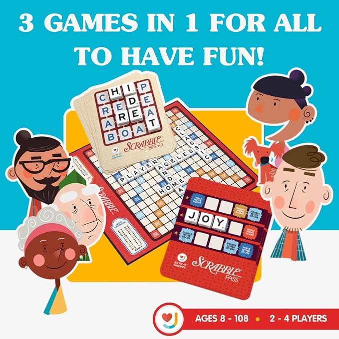JOY FOR ALL Games - Scrabble Bingo 3-in-1 Word Games - Classic, Bingo, & Pass - New Easy to Grasp Tiles & Racks - Fun Family Board Game for Seniors, Kids, Teens, and Adults