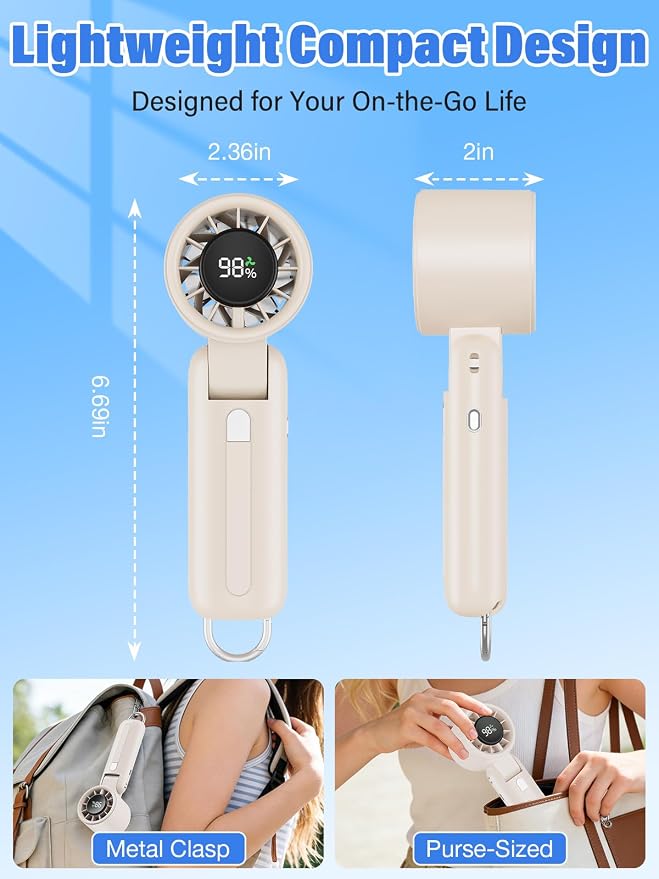 AI Handheld Fan Turbo, 100-Speed Portable Fan Rechargeable, Mini Fan with 12800 RPM Strong Airflow, Foldable 4-in-1 Personal Fan for Travel, Camping, Beach & Office, USB-C & Lightweight & Quiet