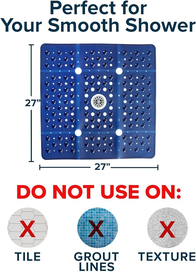 SlipX Solutions 27" Oversize Square Shower Mat, Non-Slip Mat for Elderly & Kids, 100+ Power Grip Suction Cups for Smooth Surfaces, Machine Washable, Navy