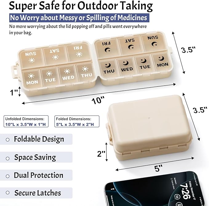 Foldable & Portable Weekly Pill Organizer 2 Times a Day with Clear Printed Labels - 7 Day AM PM Medicine Box, Week Daily Travel Pill Meds Case Holder for Medications, Vitamin, Supplement - Khaki