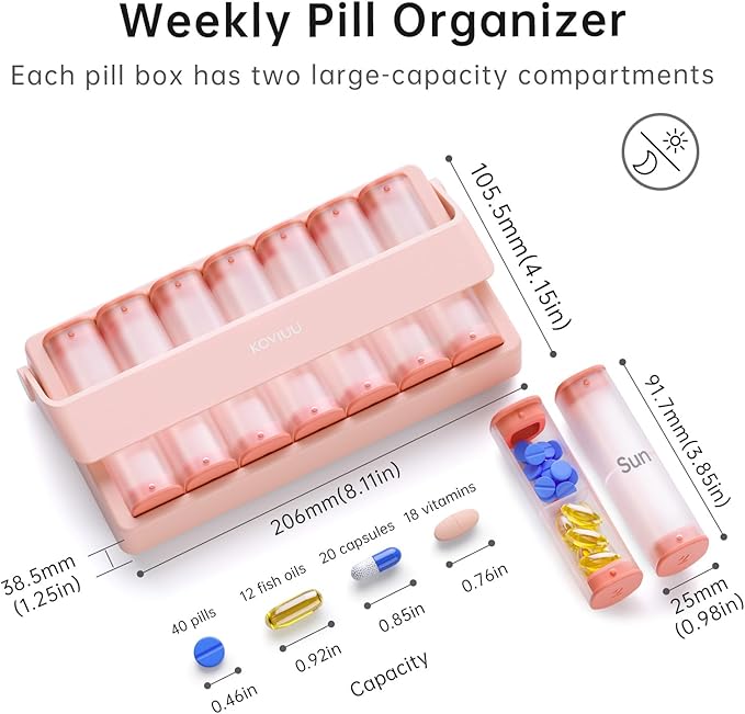 Weekly Pill Organizer 2 Times a Day, KOVIUU Large Travel Pill Box 7 Day, Am Pm Twice Daily Pill Case with Rotatable Handle, Pill Holder Container for Vitamin, Medicine, Supplement, Fish Oil, Pink
