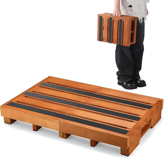 Wooden Step Stool 3 Inch One-Step Non-Slip Outdoor Platform Heavy Duty Portable Half-Step Ideal for Seniors with Knee Issues, Safe Step Stool for Outdoor Bathroom Kitchen Bed (Walnut Color)