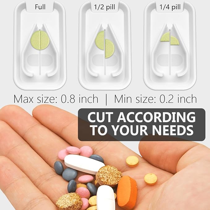 Pill Cutter Splitter for Small or Tiny Pills. 2-in-1 Travel Pill Box & Pill Splitter - Large Capacity 4 Compartments Pill Organizer - Detachable Nonslip V-Shaped Pad. Wrap-Around Blade Guard (Purple)