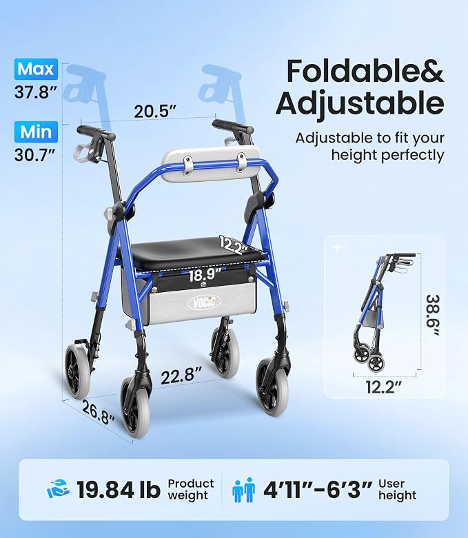 VOCIC Z11 Rollator Walker for Seniors with Seat, 380 LBS | Lightweight Design with Ergo Seat & Backrest, Height Adjustable & Easily Foldable for Seniors' Mobility, Blue