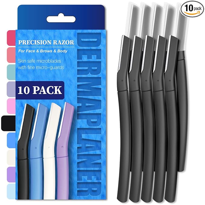 Dermaplane Razor for Women, Facial Razor, Peach Fuzz Remover, 10ct Black | Disposable Dermaplaning Tool for Facial Hair Removal & Exfoliation, Microblade Design, Easy Replacement for Home & Travel