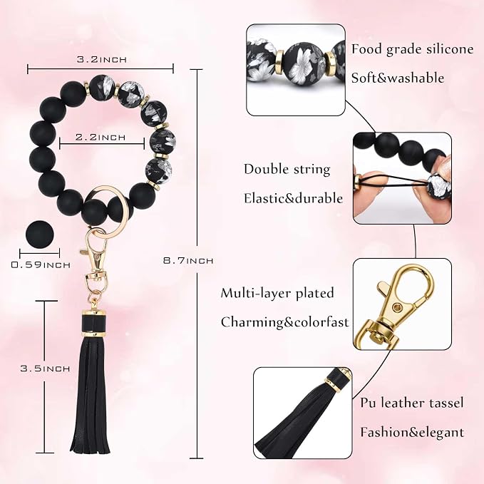 BAOSIWA Silicone Beaded Bracelet Keychain Wristlet Key Ring Bangle Chains for Women with Leather Tassel