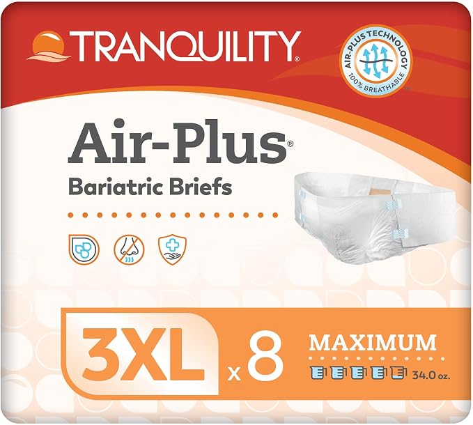 Tranquility Bariatric Disposable Briefs 3X-Large with Peach Mat Core for Dry Skin, Odor Control & Max Comfort, Secure Kufguard Technology, Latex-Free, 34oz Capacity, 8ct Bag