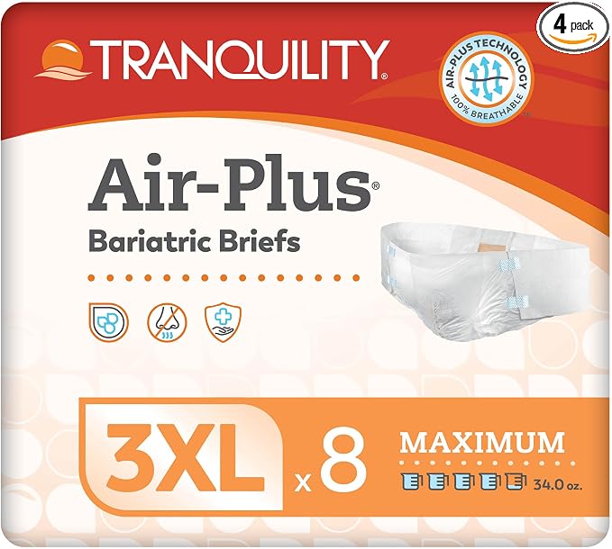 Tranquility Bariatric Disposable Briefs 3X-Large with Peach Mat Core for Dry Skin, Odor Control & Max Comfort, Secure Kufguard Technology, Latex-Free, 34oz Capacity, 32ct Case