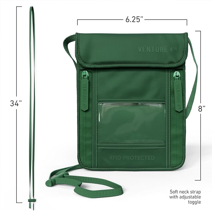 VENTURE 4TH Travel Neck Wallet, RFID Blocking Passport Holder - Sleek Green