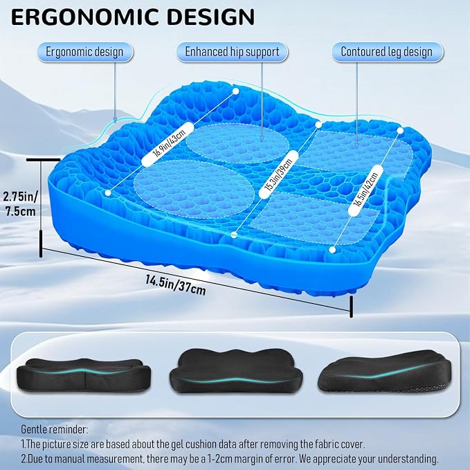 Cooling Gel Seat Cushion, Thickened Big Breathable Honeycomb Design Absorbs Pressure Points Gel Cushion with Anti-Slip Cover Cooling Seat Cushion for Office Chair Home Car Seat Cushion for Wheelchair