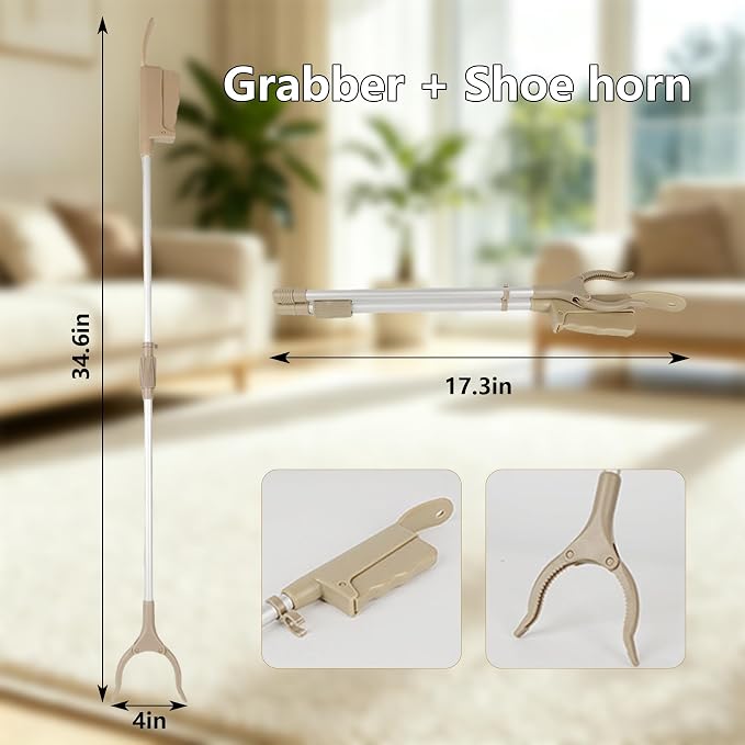 34" Foldable Reacher Grabber Tool with Shoe Horn, 2-in-1 Trash Picker Upper Grabber, 360° Rotating Jaw Long Handy Trash Claw, Lightweight Pick Up Stick for Elderly, Litter, Garden (Gray, 1-Pack)
