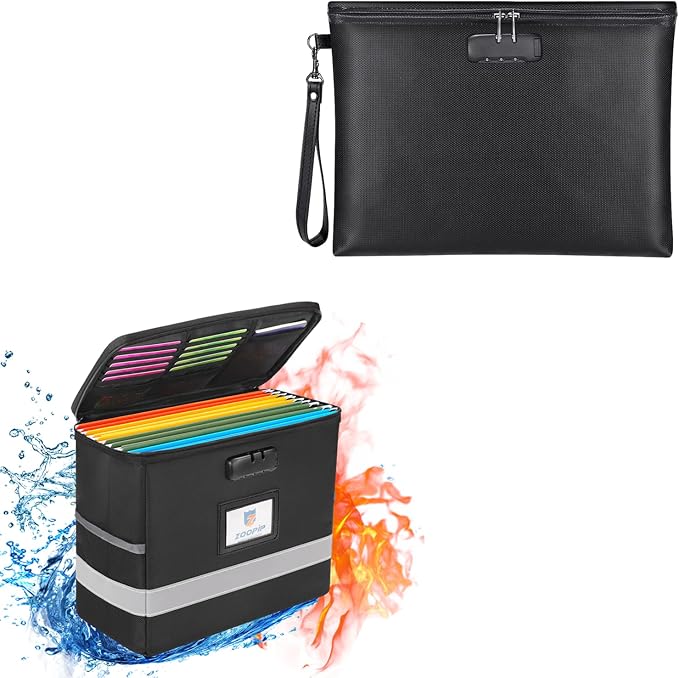 Fireproof Document Bag with Lock + Fireproof Document Box with Lock, Storage Pouch for A4 Letter Size Document, Cash, Cell Phone, Tablet, Credit Card,Passport
