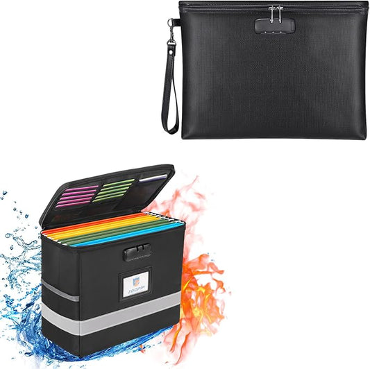 Fireproof Document Bag with Lock + Fireproof Document Box with Lock, Storage Pouch for A4 Letter Size Document, Cash, Cell Phone, Tablet, Credit Card,Passport