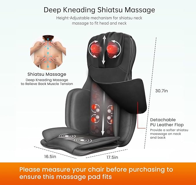 Snailax Shiatsu Back Massager with Heat, 3D Kneading Massage Chair Pad, Neck Back Massager for Back Pain Relief Deep Tissue, Chair Massager for Men Women