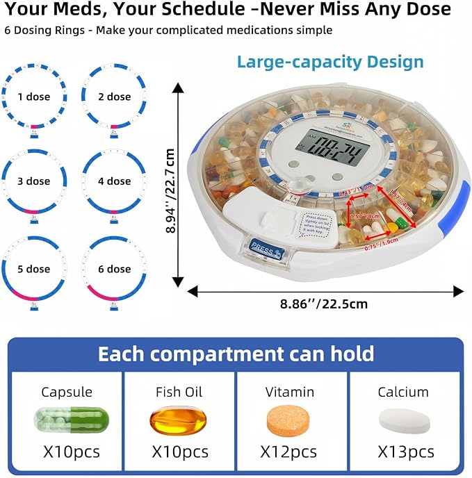 Senyerkare Automatic Pill Dispenser with Lock & Alert for Seniors/Dementia | Sound-Light Reminder, Up to 6 Alarms/Day, Medication Organizer with Clear Lid & LCD Display for Elderly, Caregivers