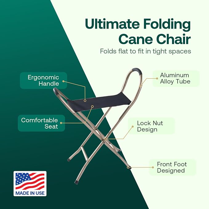 Walking Cane with Seat Folding Lightweight - Portable Walking Stick with Seat for Seniors, Seat Cane with Chair with 4 Non-Slip Legs & Comfortable Handle, 21” Cane Chair with 250 lb Weight Capacity